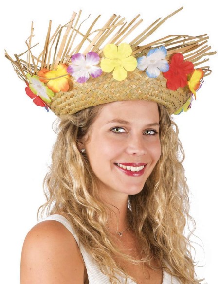 Chapeau paille Hawaï beige avec fleurs